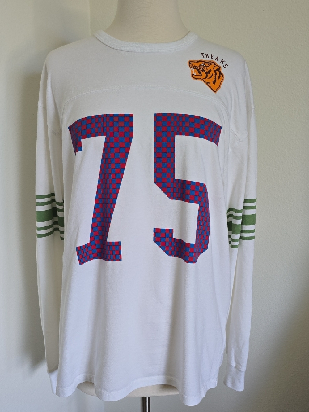 MOTHER White Long Sleeve Shirt with Blue-Red Check 75 and Orange Tiger Patch